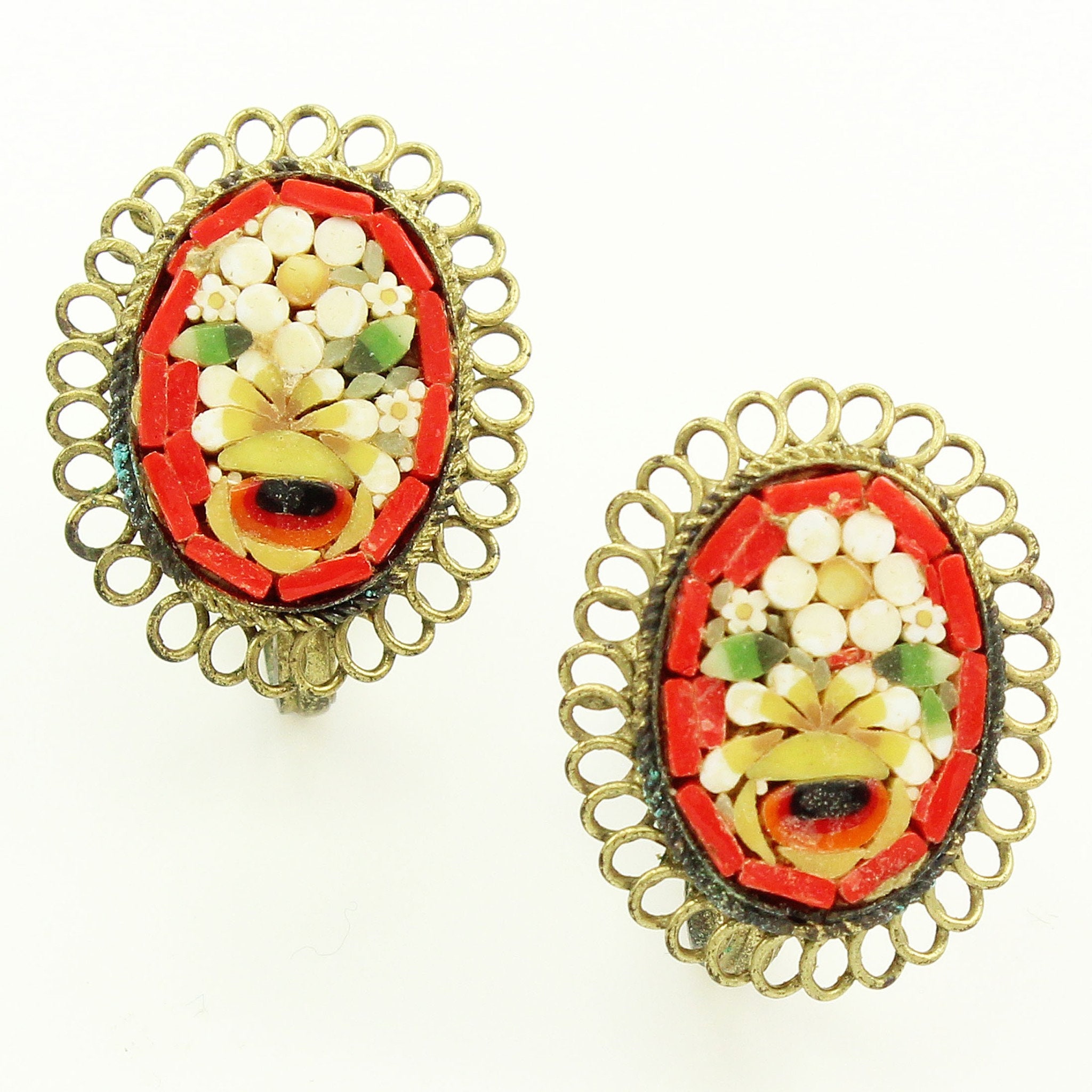 Vintage Italian Mosaic Earrings Glass Micro Mosaic Red Flower Screw