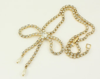 Vintage Rhinestone Simulated Pearl Bow Necklace, Vintage Coquette GoldTone Rhinestone Necklace, 50s Hollywood Glam Necklace, Vintage Jewelry