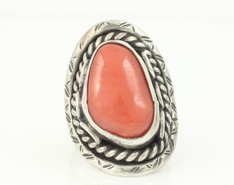 Vintage Coral Southwestern Sterling Silver Ring, Hand Made Mediteranean Coral Silver Ring, Size 8 Coral 925 Silver Ring, Vintage Jewelry