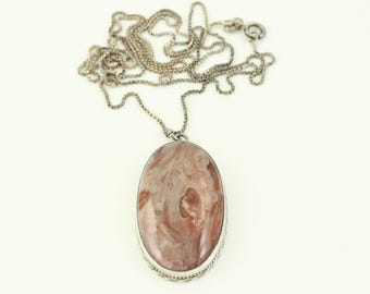 Vintage Sterling Silver Agate Pendant Necklace, Vintage Large 925 Sterling Silver Agate Pendant on 30" Chain Necklace, Vintage Jewelry