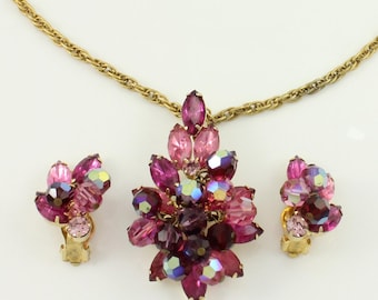 Vintage Juliana Pink Red Rhinestone Beaded Brooch Pendant Earring, Verified #6042 DeLizza Elster Pink Red Beaded Necklace, Vintage Jewelry