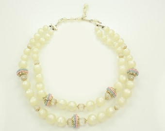 Vintage White Moonglow Plastic Beaded Necklace - Double Strand Cream Beads Crystal Gold Tone Pink and Blue Accents - 1950s Vintage Jewelry
