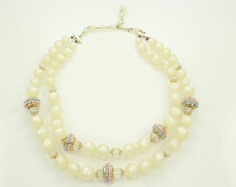 Vintage White Moonglow Plastic Beaded Necklace - Double Strand Cream Beads Crystal Gold Tone Pink and Blue Accents - 1950s Vintage Jewelry