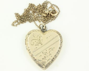 Vintage Sterling Silver Vermeil Engraved Heart Locket Necklace, 1940s 10K Gold Washed Silver Engraved Heart Locket Necklace, Vintage Jewelry