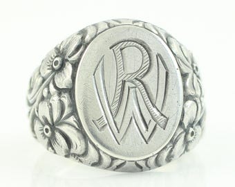 Antique Edwardian Mens 835 Silver Signet Ring, Vintage Floral Signet Ring, Monogram RW Ring, Embossed Flower Ring Size 9.5 , Vintage Jewelry