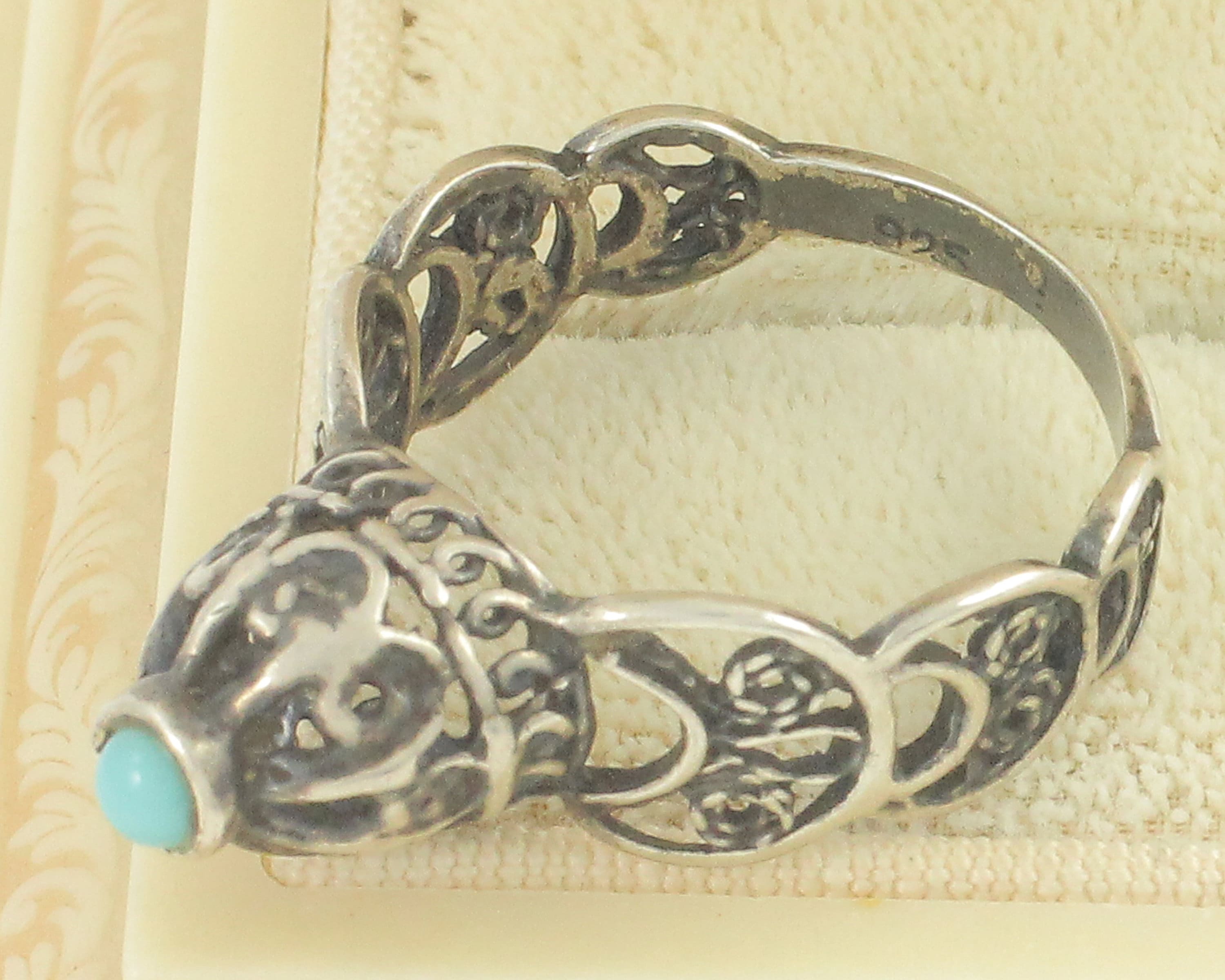 Vintage Silver Filigree Turquoise Ring, High Profile Dome 