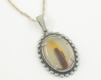 Vintage Landscape Agate Sterling Silver Pendant Necklace, Southwestern Style Dendritic Agate 925 Sterling Pendant Necklace, Vintage Jewelry