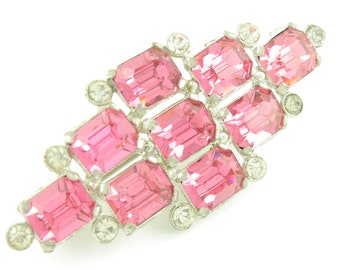 Vintage Pink and Clear Rhinestone Geometric Brooch - Elongated Silvery Pot Metal Pin - 2 1/2 Inch Long Circa 1940 - Unsigned Costume Jewelry