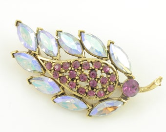 Weiss Purple Lavender Rhinestone Leaf Brooch, Vintage Weiss Purple Brooch,  Weiss Purple Aurora Borealis Pin, Vintage Jewelry,Estate Jewelry