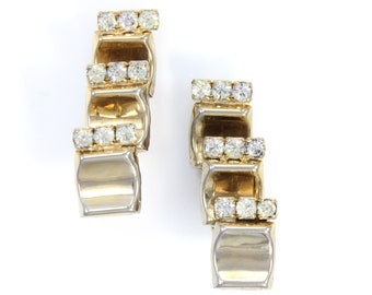 Vintage Rhinestone Ribbon Earrings - 1950s Crystal Gold Tone Elongated Clip Ons - Hollywood Glam - c 1960s - Vintage Costume Jewelry