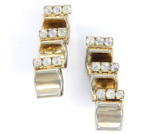 Vintage Rhinestone Ribbon Earrings - 1950s Crysta… - image 1