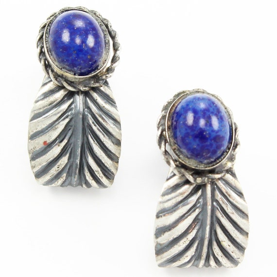 Vintage Coro Sterling Feather Faux Lapis Earrings… - image 2