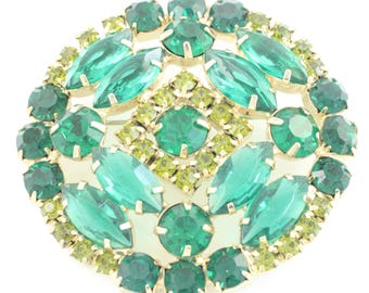 Vintage Emerald and Green Colored Rhinestone Brooch, Large Green Rhinestone Brooch, Vintage Green Rhinestone Pin, Vintage Jewelry