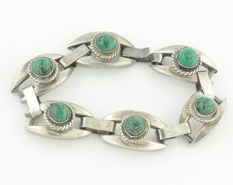 Mexican Silver Malachite Bracelet,  Sterling Link Bracelet, Malachite Cabochons, 43.6g 1940s Pre-Eagle Mark, Valentines Day, Vintage Jewelry