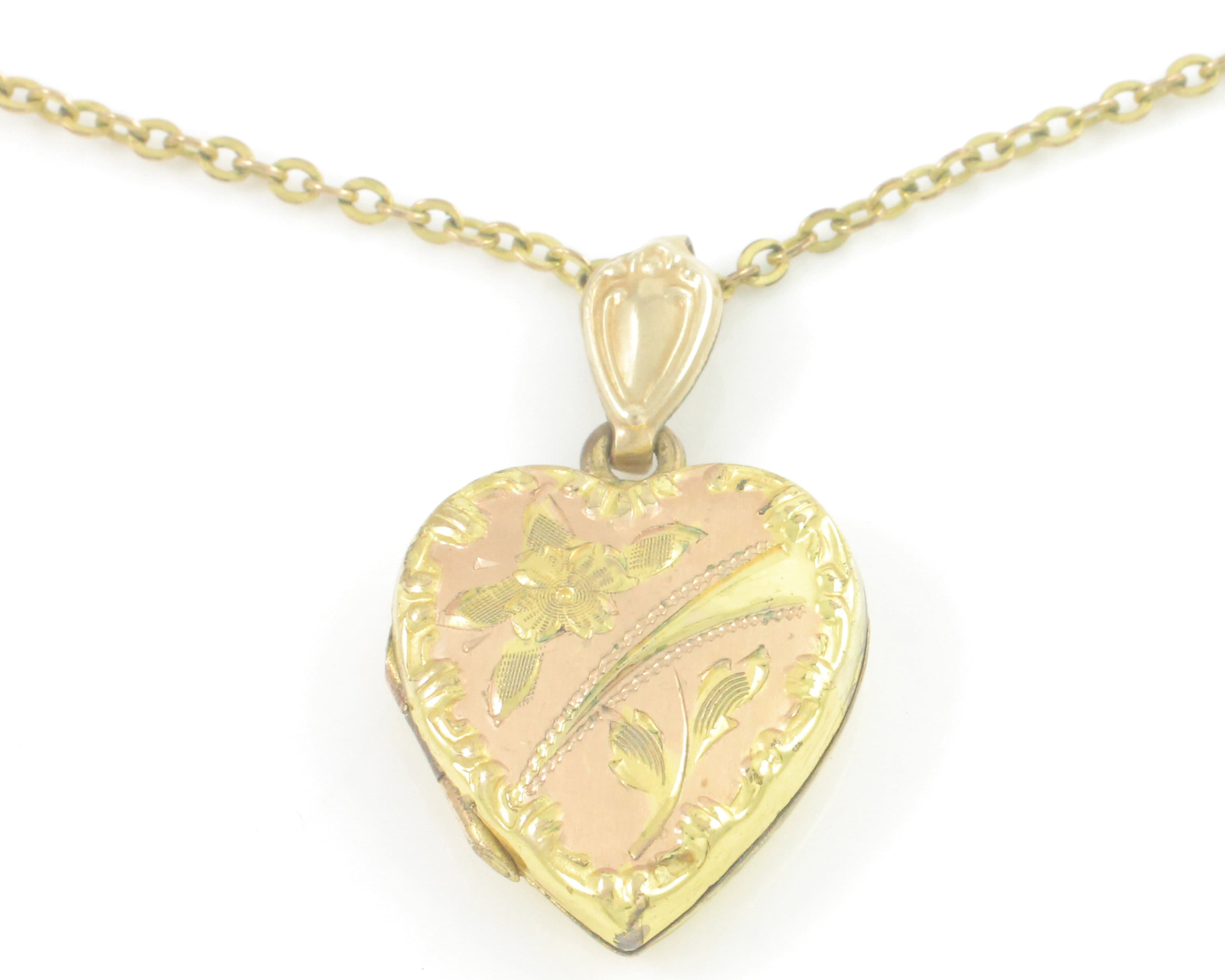 Vintage Heart Locket, Heart Locket Pendant, Rose Yellow Gold Fill Necklace, Repousse Engrave