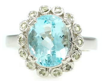 Vintage Aquamarine Diamond Halo 14K Ring, 14K White Gold 3.75CT Aquamarine Diamond Ring, Vintage March Birthstone Ring, Vintage Jewelry