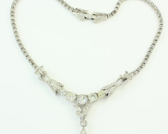 Vintage Rhinestone Necklace, Deco Style Rhinestone Collar Necklace, 1950s Hollywood Glam Necklace, Clear Rhinestone Necklace,Vintage Jewelry