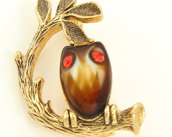 Vintage Emmons Lucite Rhinestone Owl Brooch, Cute Little Owl on Branch Pin By Emmons, 1960s Dainty Lucite Owl Pin, Vintage Jewelry