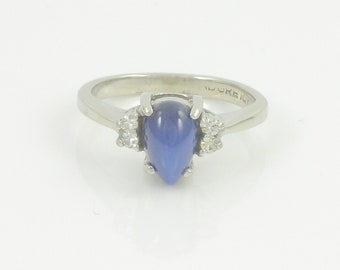 Vintage 10K White Gold Lab Created Star Sapphire Diamond Ring, 1960s 10K Lab Created Pear Star Blue Sapphire Diamond Ring, Vintage Jewelry