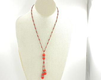 Vintage Red Glass Lariat Necklace, Art Deco Crimson Cherry Red Beaded Tassel Rhinestone Necklace, Red Glass Drop Necklace, Vintage Jewelry