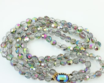 Vintage Rainbow Aurora Borealis Gray Crystal Bead Necklace, 1960s Double Strand Gray Glass Bead Necklace,Vintage Glass Beads,Vintage Jewelry