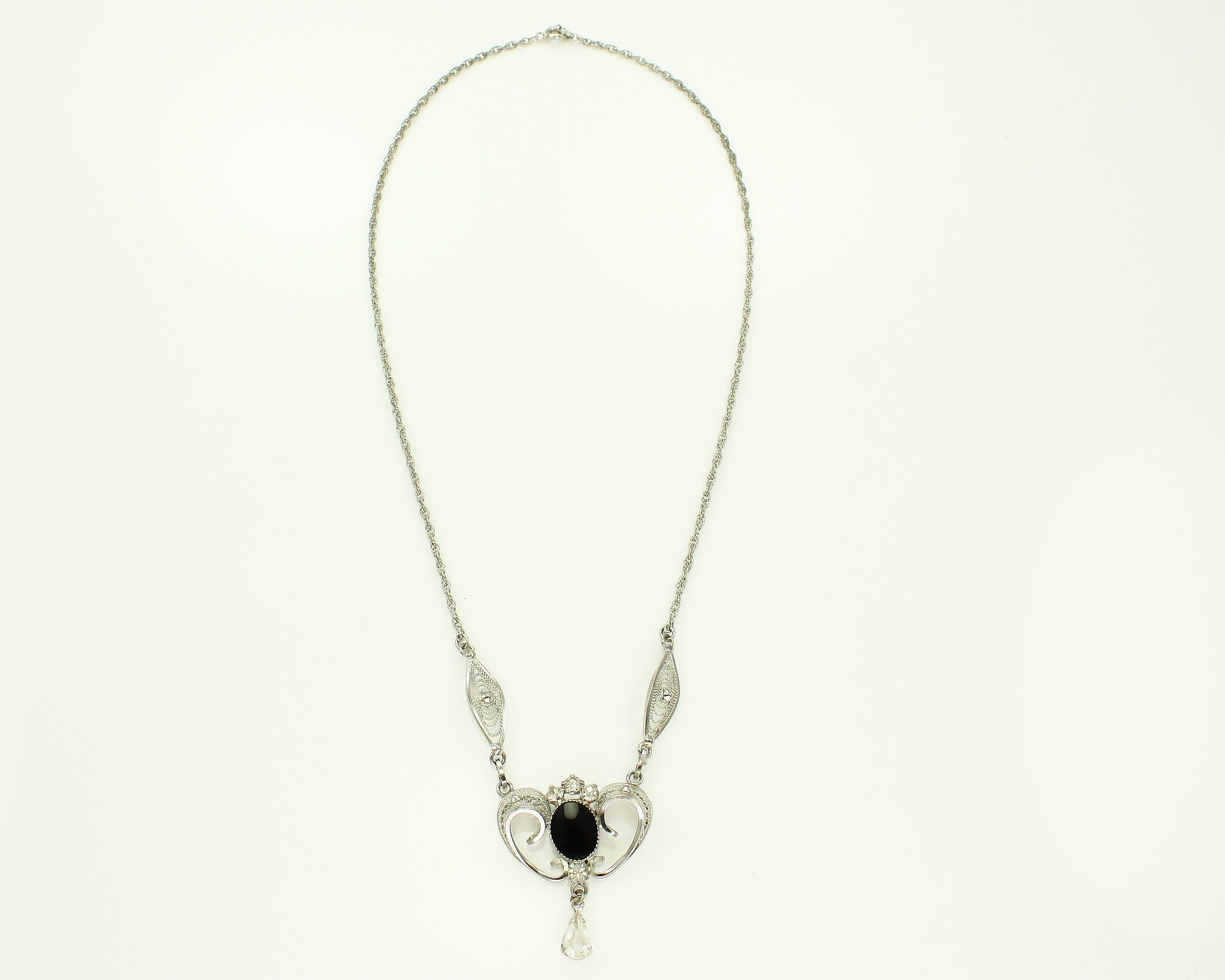 Filigree Black Onyx Necklace - 1940s Ann Lee Sterling Rhinestone ...