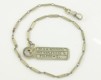Vintage Waldemar Watch Chain White Metal, Edwardian Embossed Fancy Link Watch Chain, Dr Reinhart 2501 Maplewood Toledo Fob, Vintage Jewelry