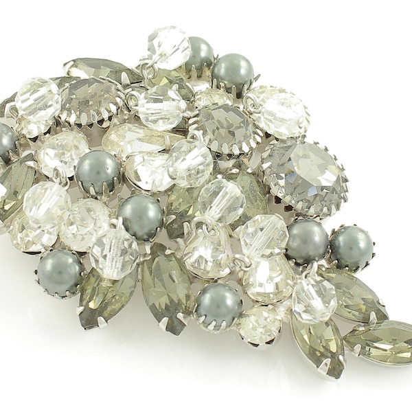 Very Large Vintage Gray Clear Brooch of Rhinestones Simulated Pearls Dangling Faceted Glass Beads - c1960 - Unsigned Beauty Costume Jewelry