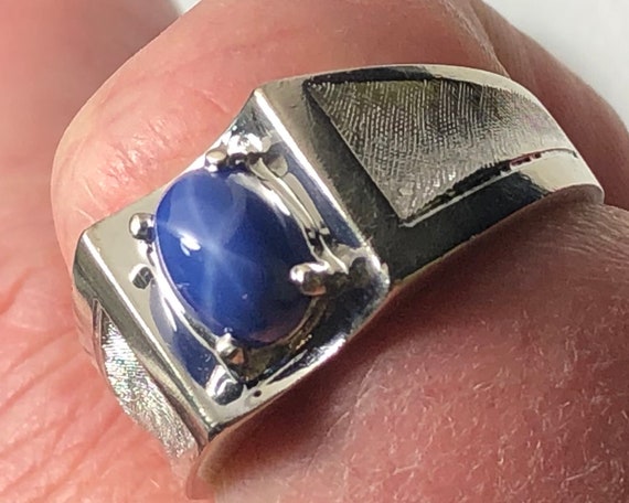 Vintage Star Sapphire Ring for Man, 14K White Gol… - image 10