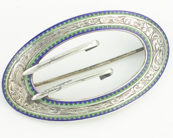 Victorian Sterling Blue Green Enamel Engraved Sash Buckle Brooch - William B Kerr Antique Large Silver Pin - circa 1870 - Estate Jewelry