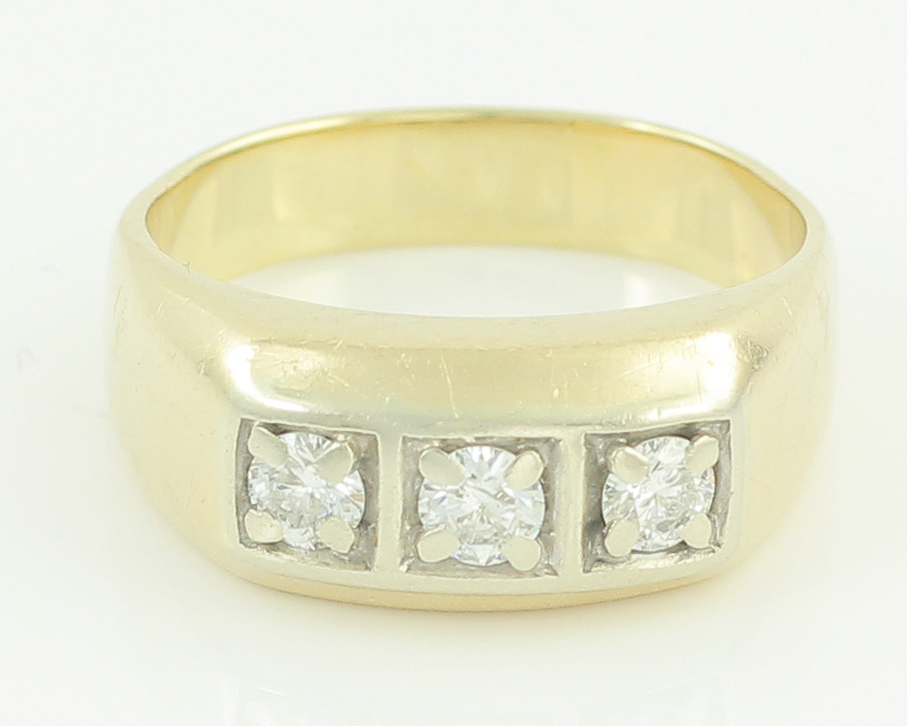 Mans 14K Yellow Gold Diamond Ring - Gents 3 Stone .75 CT Diamond Band ...