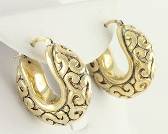 Vintage Chunky Sterling Vermeil Hoop Earrings, Yellow Gold on 925 Scrolled Hoops, 1980s Bold Gold on Silver Hoop Earrings, Vintage Jewelry