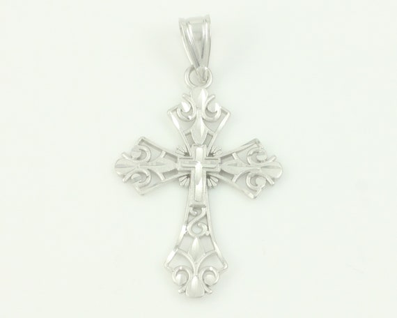 Vintage 14K White Gold Filigree Cross Necklace, 1… - image 2