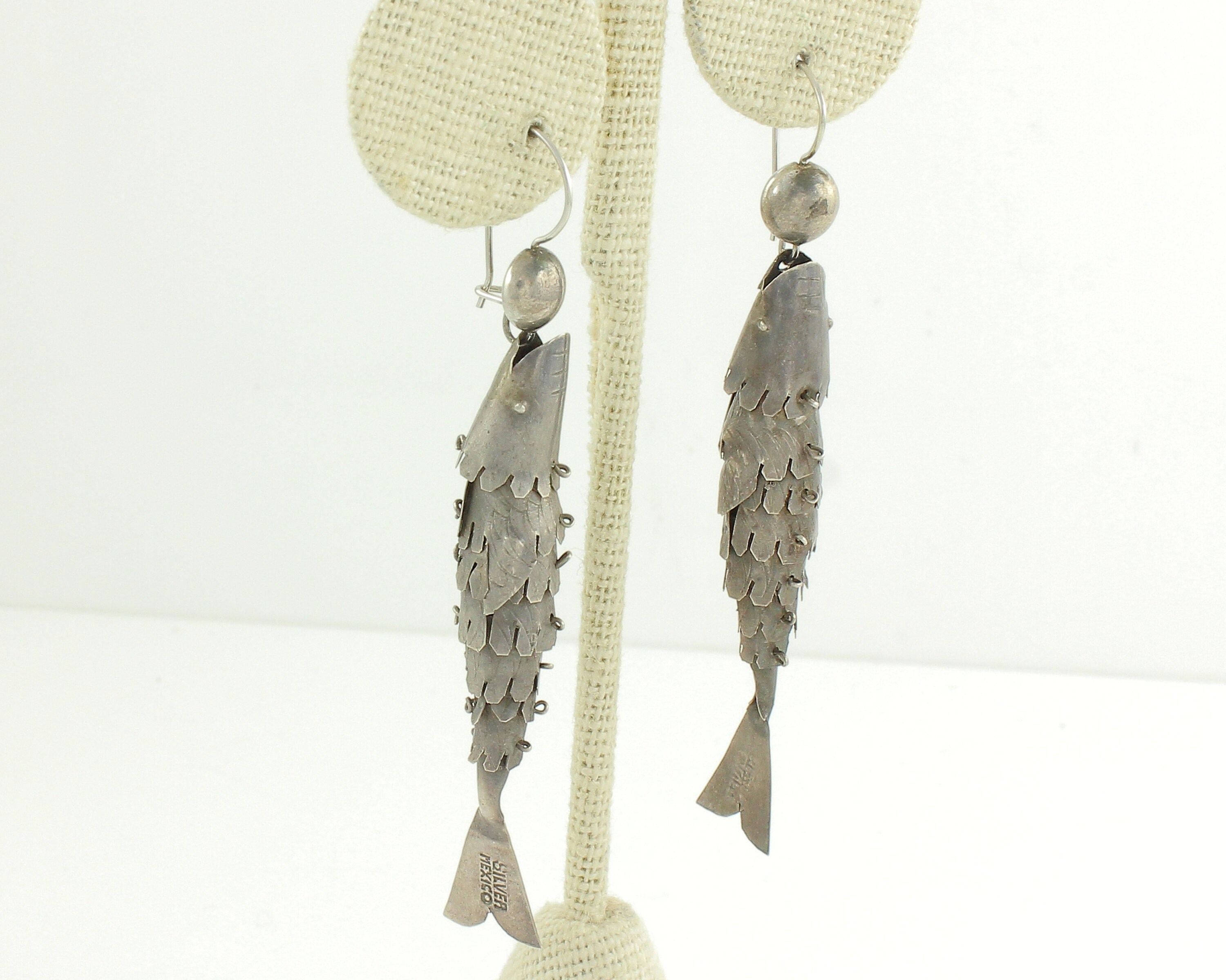 Articulated Fish Vintage Mexican Silver Earrings Pierced Angler