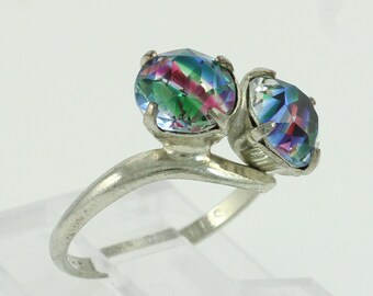 Vintage Iris Glass Sterling Silver Ring, Czech Iris Glass Sterling Ring, 1940s Rainbow Glass Sterling Ring, Size 3.5 Ring, Vintage Jewelry