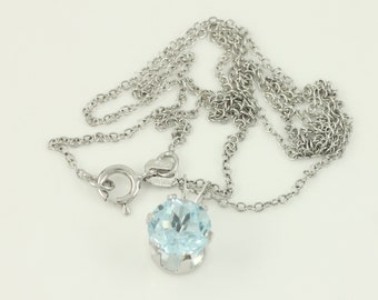 Vintage Blue Topaz 10K White Gold Pendant Necklace, 10K Round Blue Topaz Pendant on 925 Chain, December Birthstone Necklace, Vintage Jewelry