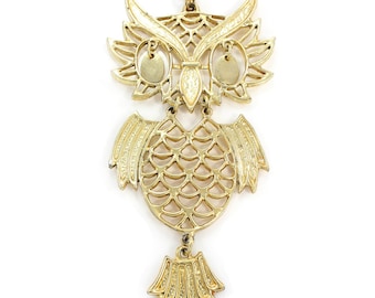 Vintage Large Articulated Owl Pendant Necklace, 1970s Mod Moving Owl Pendant Necklace, Large Vintage Gold Tone Owl Necklace, Vintage Jewelry