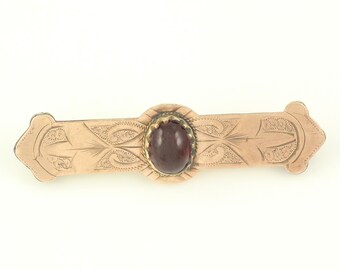 Antique Engraved Victorian Bar Pin, Victorian Bar Pin with 10K Gold Filled Red Glass Stone, Antique Brooch, Vintage Brooch, Vintage Jewelry