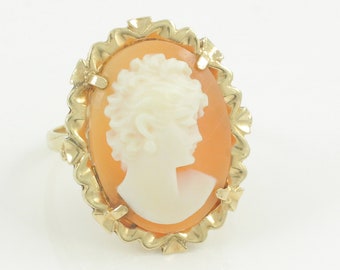 Vintage 14K Cameo Ring, 14K Hand Carved Shell Cameo Ring, Vintage 14K Fancy Frame Carved Lady Cameo Ring,  Estate Jewelry, Vintage Jewelry