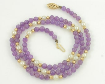 Vintage 14K Amethyst Freshwater Pearl Necklace, 14K Amethyst Pearl Necklace, Vintage 14K Amethyst 20" Bead Necklace, Vintage Jewelry