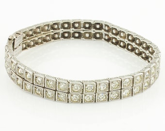 Art Deco Sterling Clear Paste Rhinestone Double Line Bracelet - Sterling Silver Milgrain Detail - 19.1 gram 1925 - Vintage Bridal Jewelry