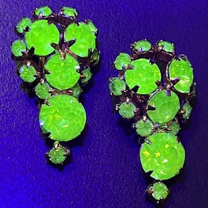 Vintage Green Uranium Glass Rhinestone Earrings