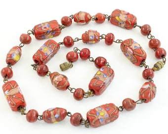 Vintage Red Wedding Cake Venetian Glass Bead Necklace, 1960s Red Venetian Glass Flower Beads, 20 Inch Venetian Glass Beads, Vintage Jewelry