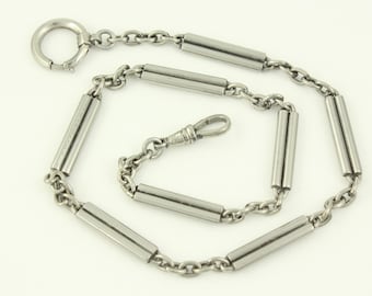 Vintage Waldemar Watch Chain, Vintage White Metal Tube Link Watch Chain, Antique Pocket Watch Chain, Vintage Jewelry, Estate Jewelry