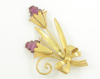 Vintage Sterling Vermeil Purple Rhinestone Brooch, WWII Era Modernist Flower Rhinestone Sterling Silver Vermeil Pin, Vintage Jewelry