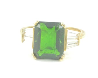 Vintage 14K Chrome Diopside White Topaz Ring, 14K Gold 4 CT Chrome Diopside Ring, 14K Gold Size 7 Emerald Cut Diopside Ring, Vintage Jewelry