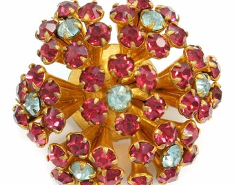 Vintage Czechoslovakian Flower Burst Rhinestone Brooch, Colorful Vintage Fuchsia Baby Blue Rhinestone Flower Cluster Pin, Vintage Jewelry