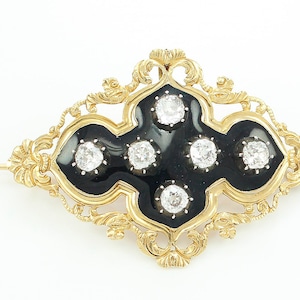 Antique Georgian 18K Gold Diamond Brooch: Black Enamel Mourning Pin