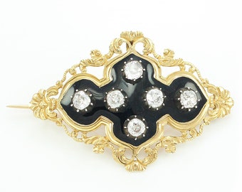 Georgian Regency 18K Old Mine Cut Diamond & Black Enamel Mourning Brooch - Antique Yellow Gold 1.85 CT TW OMC Natural Diamond Pin c1820