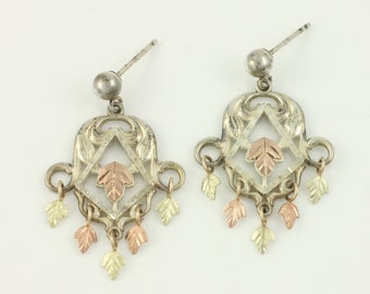 Vintage 925 10K Black Hills Gold Grape Leaf Dangle Earrings, 1980s Black Hills Gold Drop Earring, 925 Black Hills Gold, Vintage Jewelry